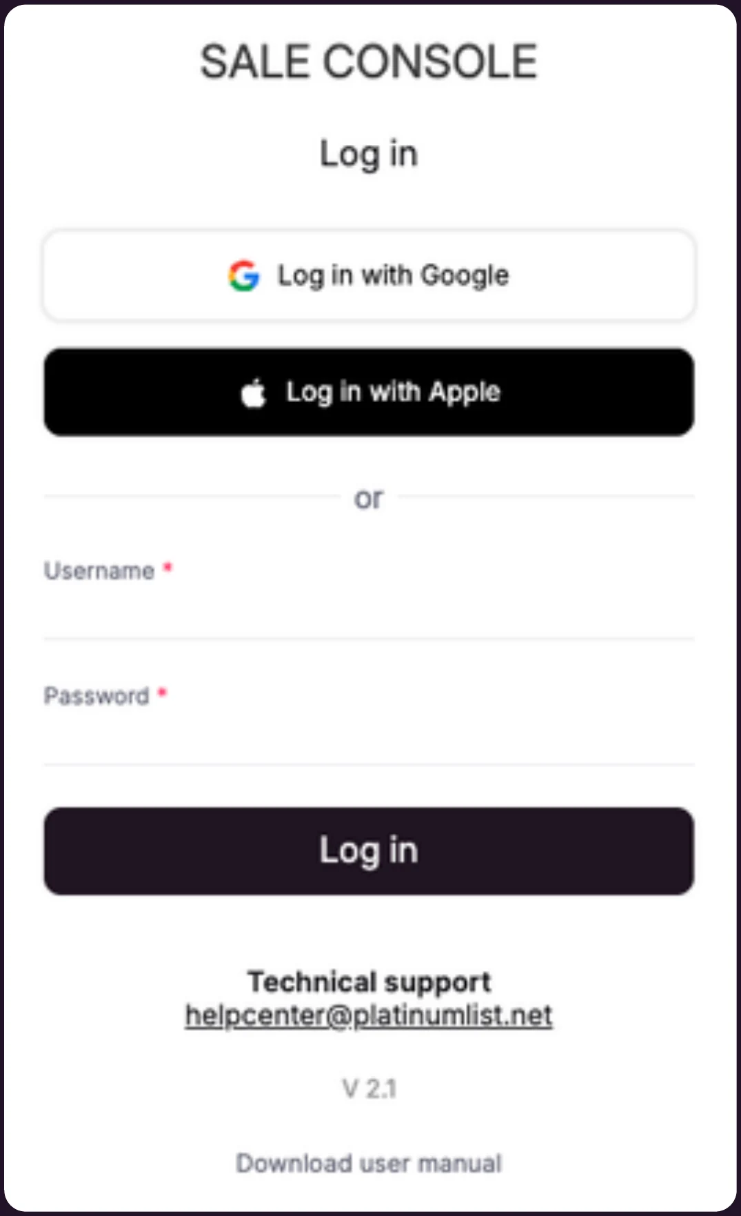 Sale Console sign-in screen