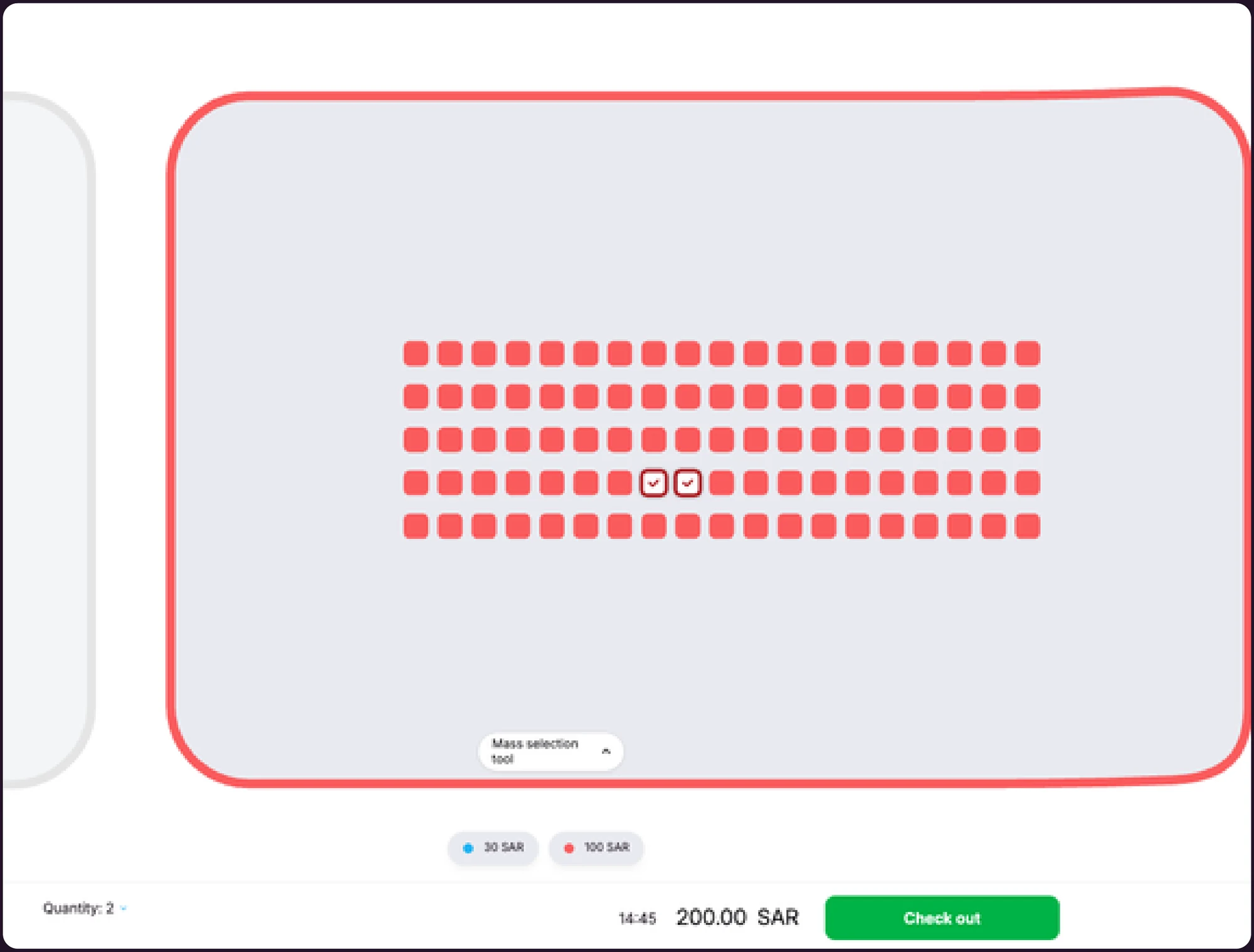 Selected seats and checkout bar