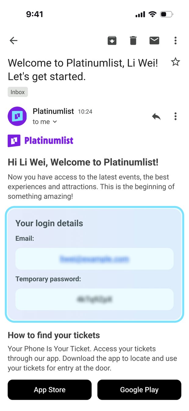 Welcome email from Platinumlist with the login email and a temporary password