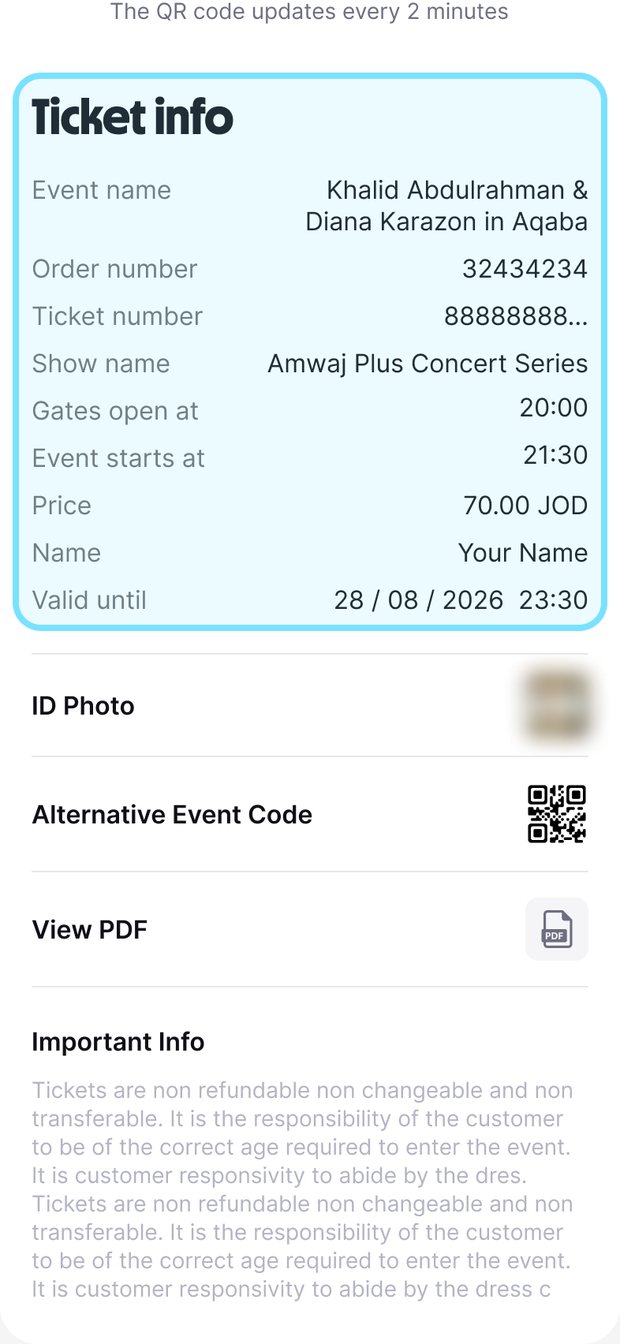 Ticket information screen in the Platinumlist app