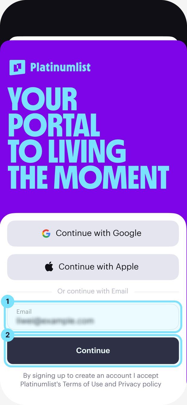 Platinumlist app sign-in screen with the email typed in