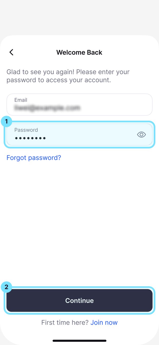 Welcome Back screen asking for the password